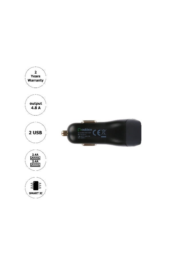 أوت بوكس شاحن سيارة 4.8 أمبير، 2 منفذ USB (2.4 أمبير + 2.4 أمبير) أسود - Image 2